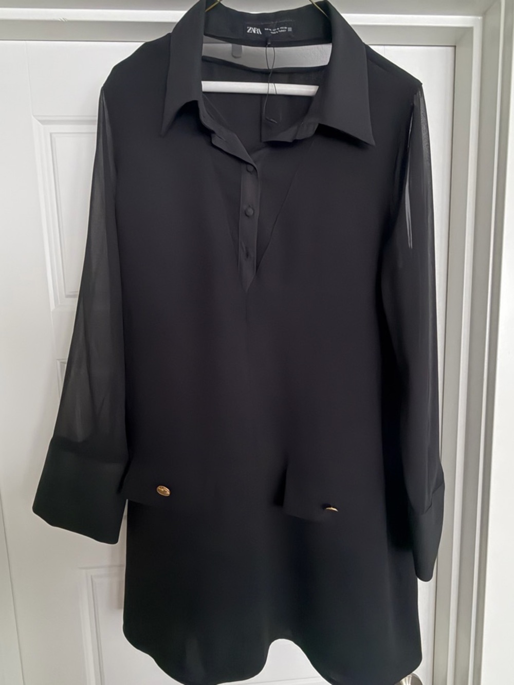 Zara Black Collared Tunic with Sheer Sleeves